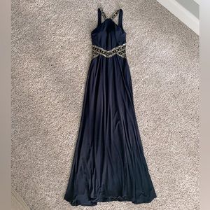 Betsy & Adam floor length formal dress with empire waist and gold beading